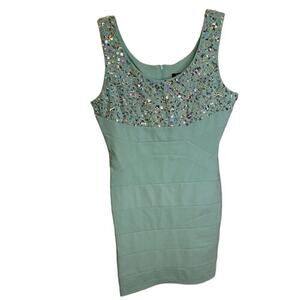 Deb Mint Green Beaded Embellished Sleeveless Cocktail Bodycon Mini Dress Sz M